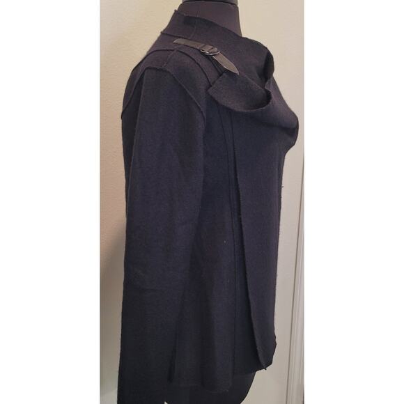 Eileen Fisher Moto Wrap Jacket Sweater – 100% Wool – Black Leather Trim – Medium - Picture 4 of 9